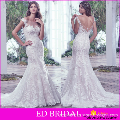 New Come Mermaid Cut Cap Sleeve Appliques See Through Tulle 2016 Bateau Illusion Neckline Wedding Dress